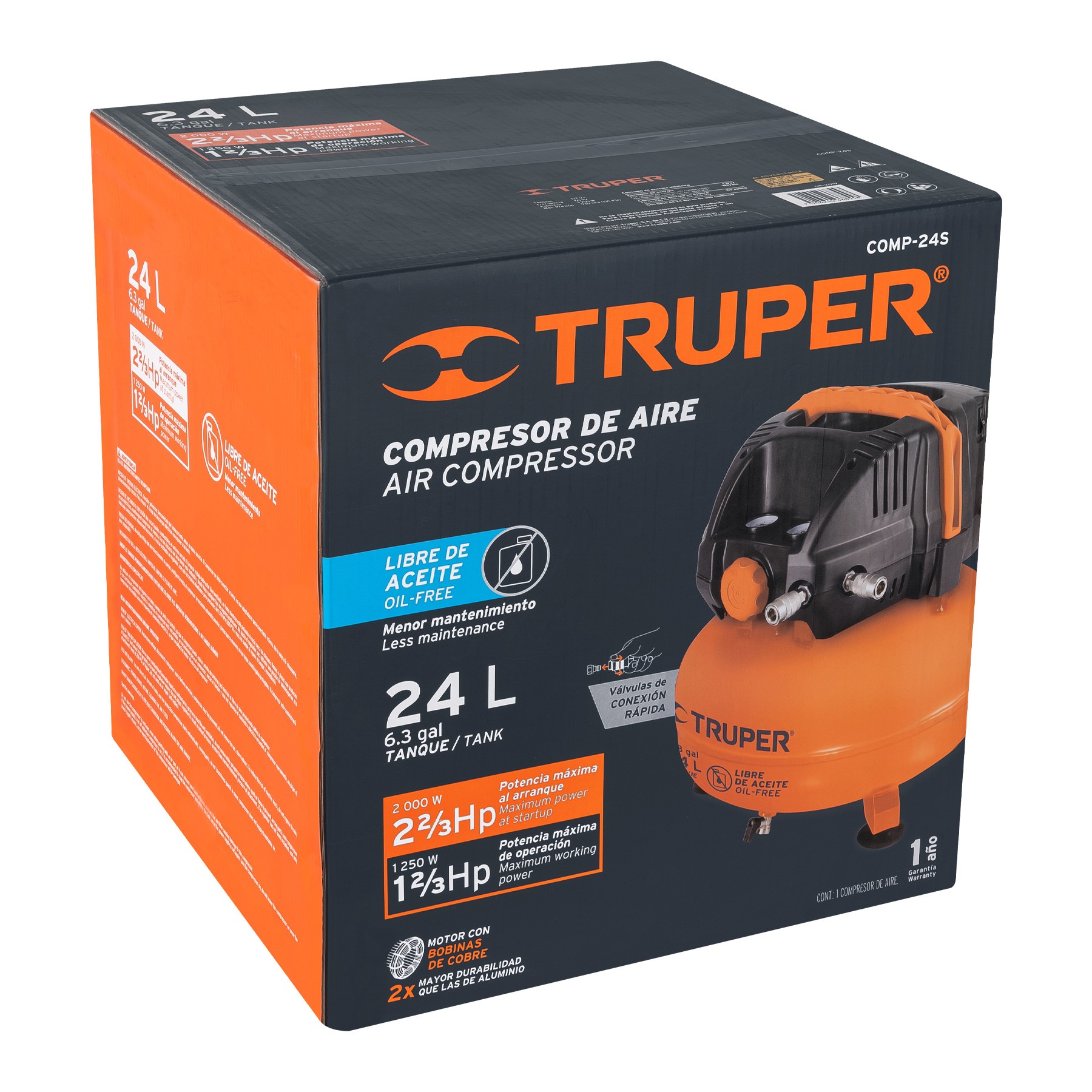 Compresor de aire libre de aceite,24L,2-2/3HP (potencia máx) - Imagen 3
