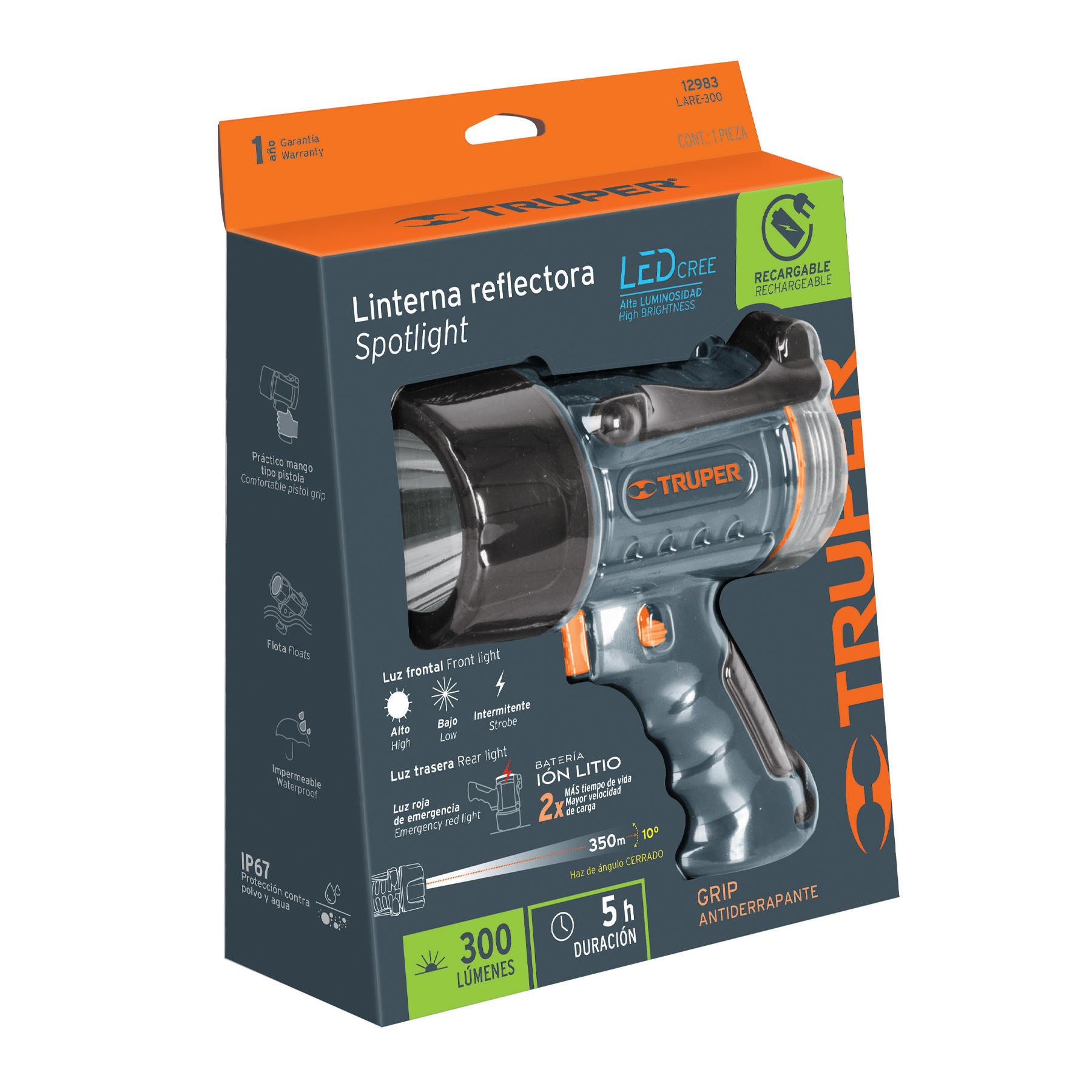 Lámpara recargable de LED 300 lm alta potencia, Truper - Imagen 7