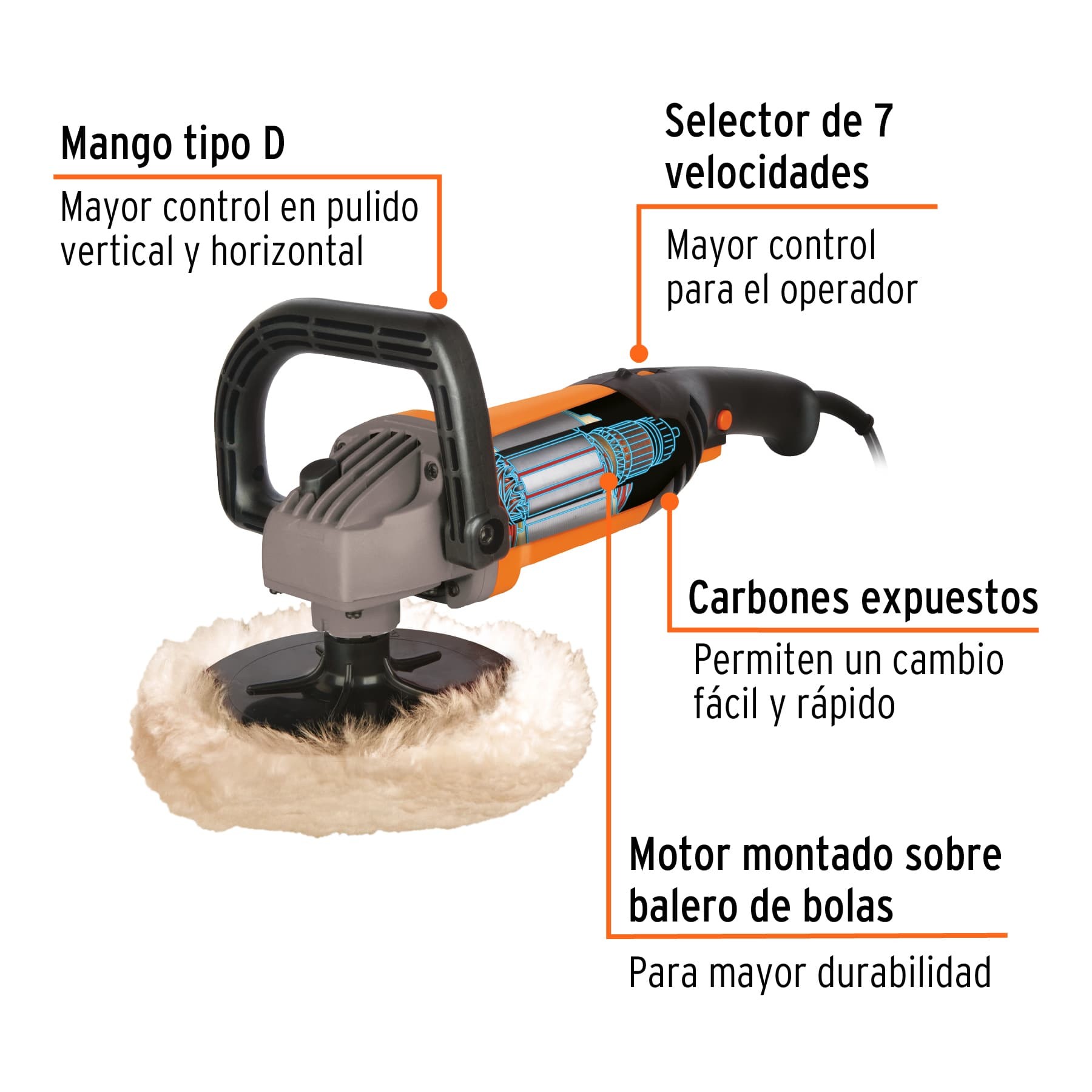 Pulidora 7" 1200 W velocidad variable, profesional, Truper - Imagen 2