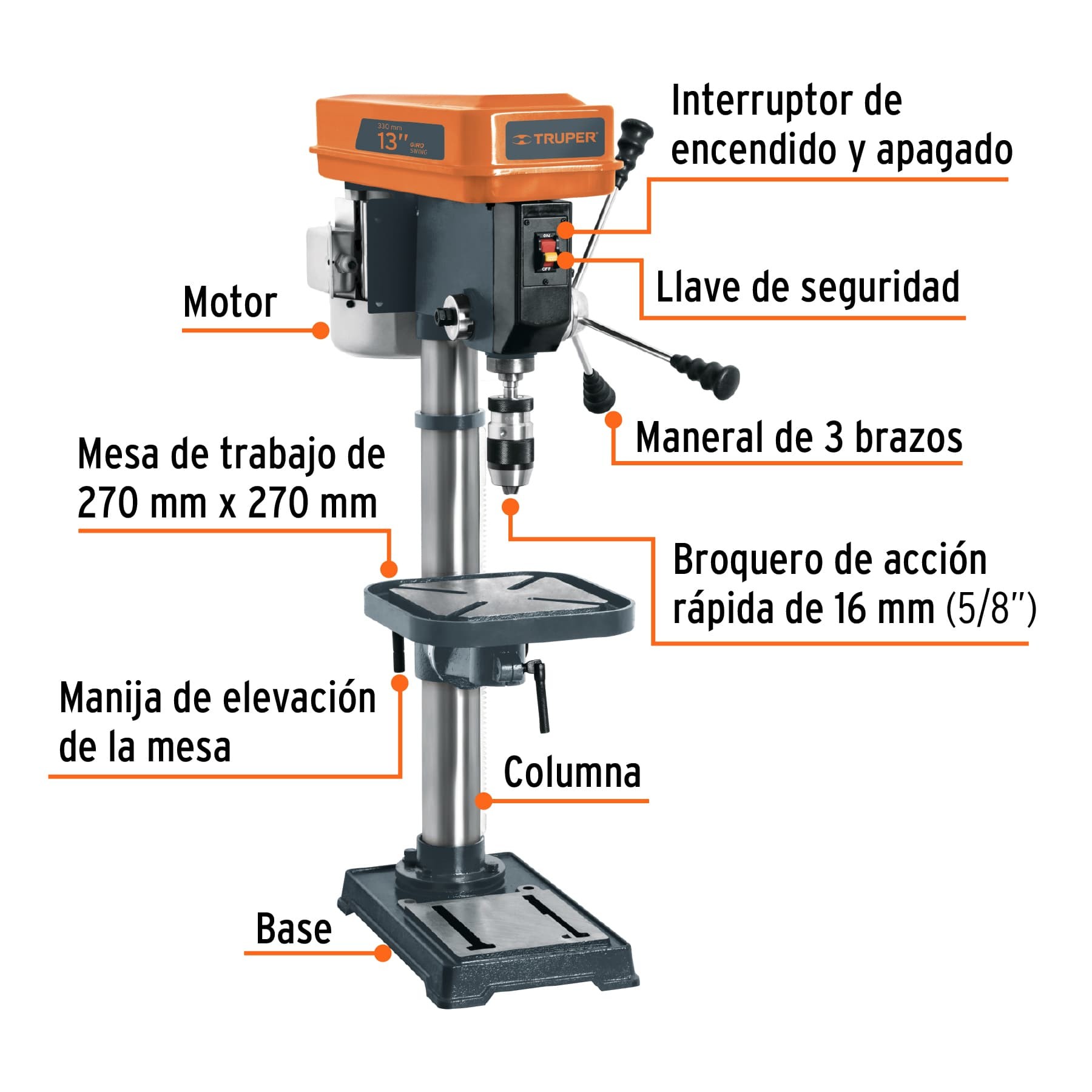 Taladro de piso 13" de 560 W (3/4 HP), broquero de 5/8" - Imagen 3