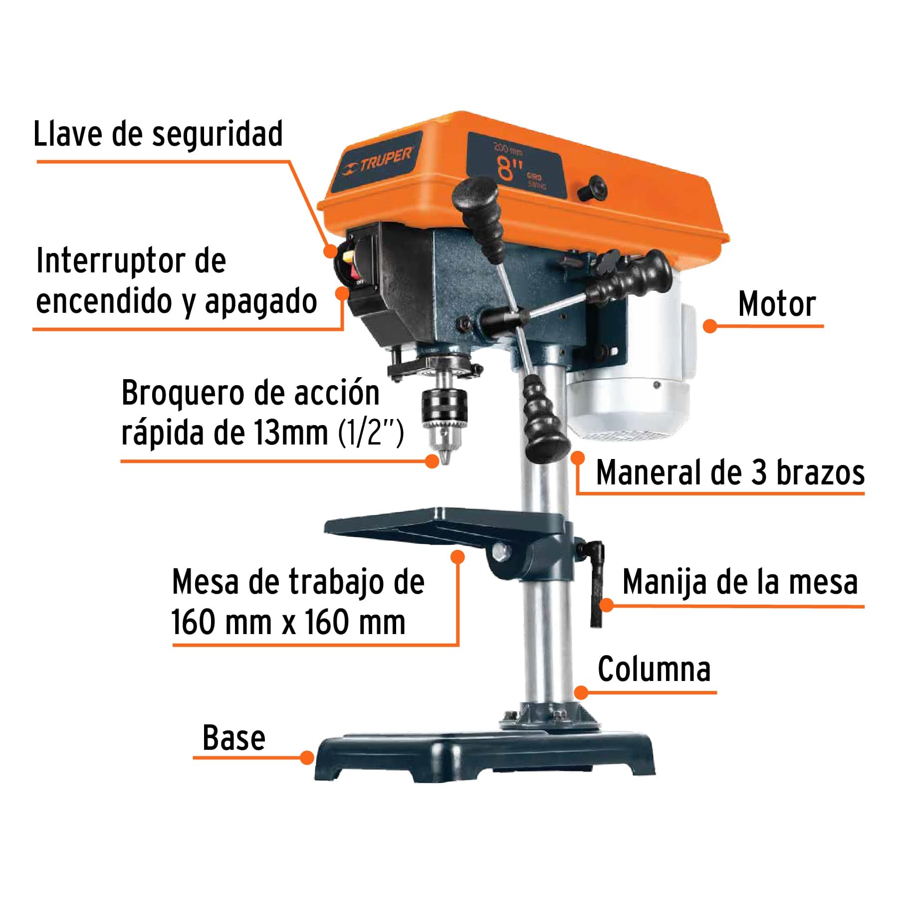 Taladro de piso 8" de 250 W (1/3 HP), broquero de 1/2" - Imagen 3