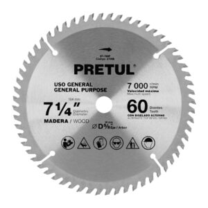 Disco sierra 7-1/4" p/madera, 60 dientes centro 5/8", Pretul