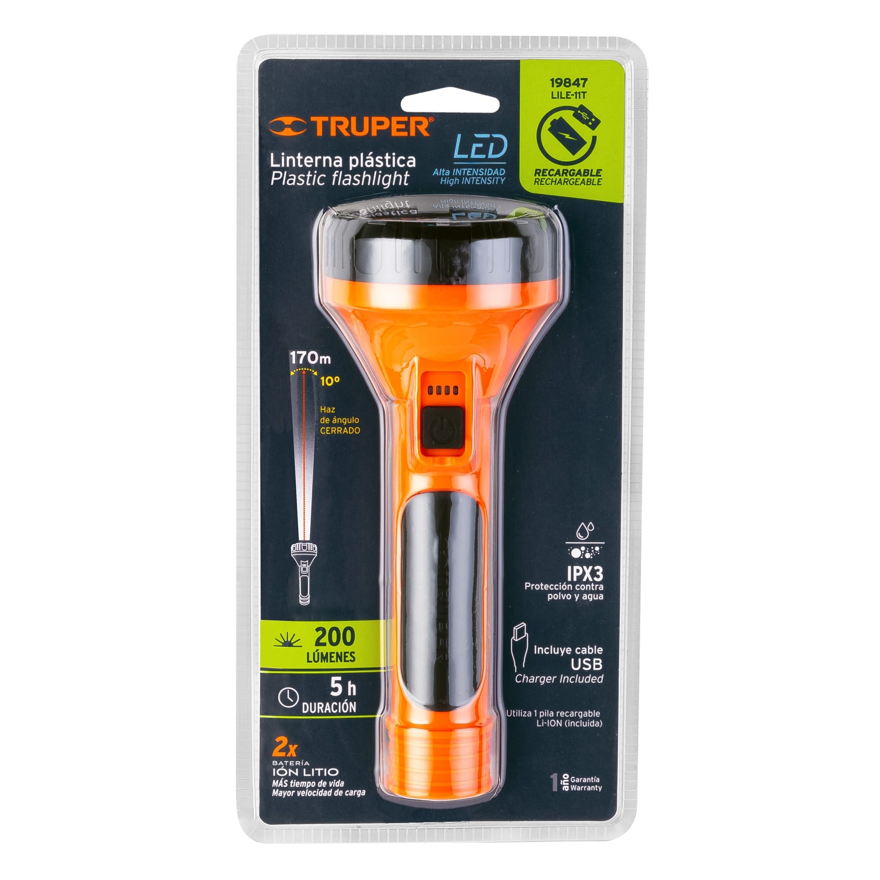 Linterna plástica 1 LED 200 lm recargable, Truper - Imagen 7