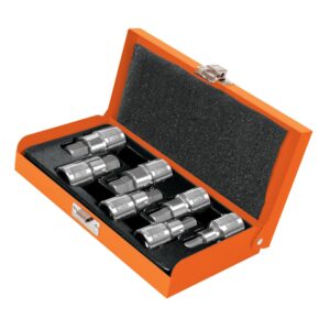 Juego de 7 dados cuadro 1/2" punta hex std, estuche metálico