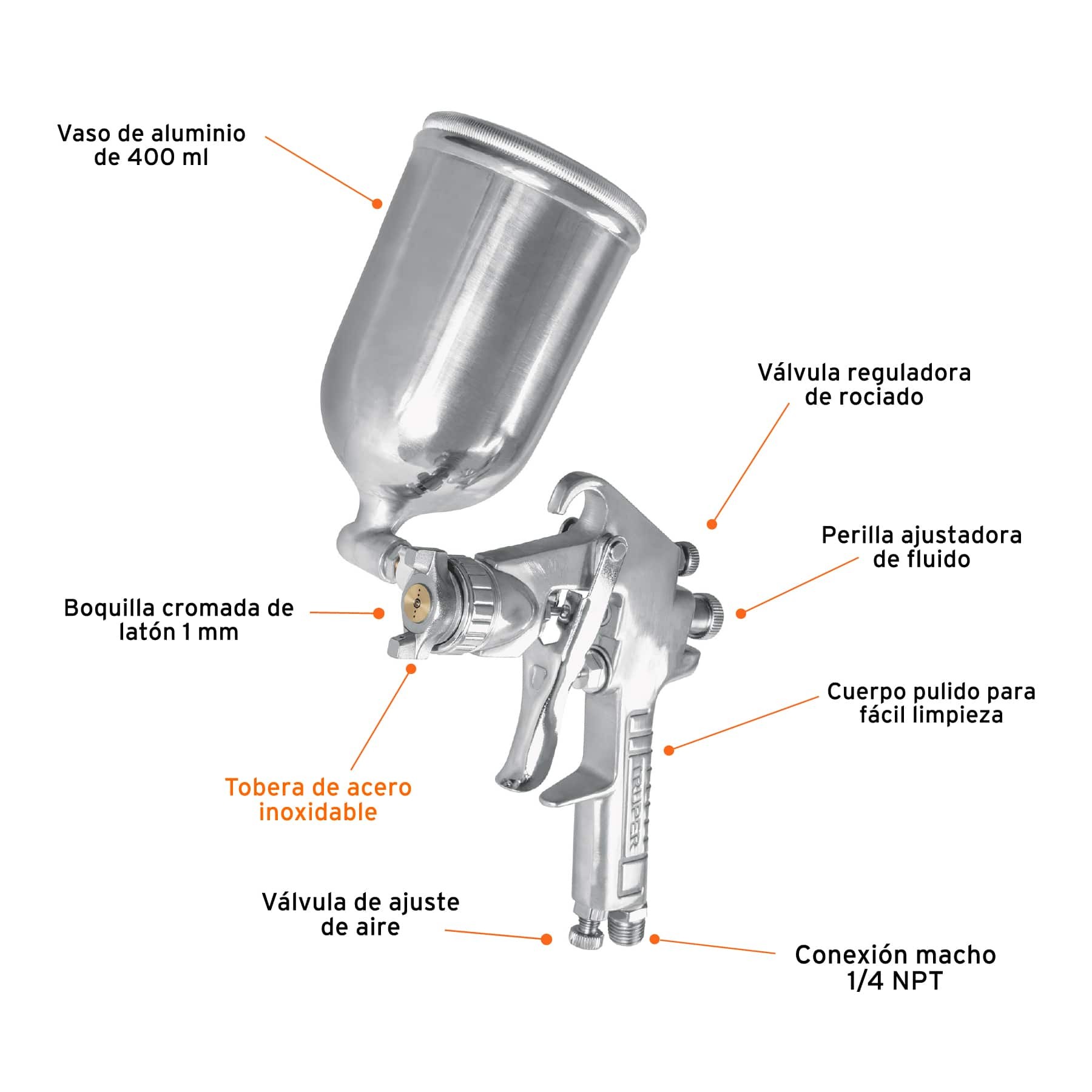 Pistola p/pintar gravedad LVMP vaso aluminio, 1 mm, Truper - Imagen 5